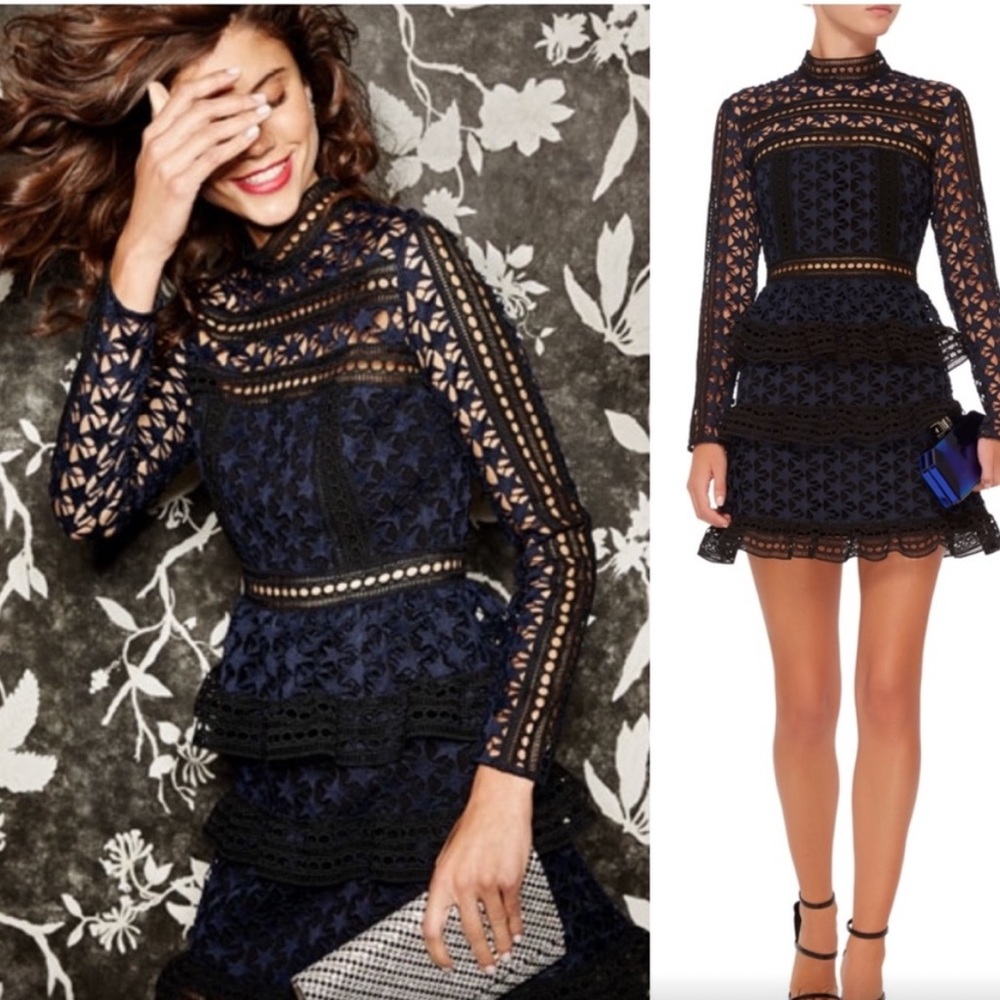 Self-Portrait Blue and Black Ruffled Tiered Cocktail Dress